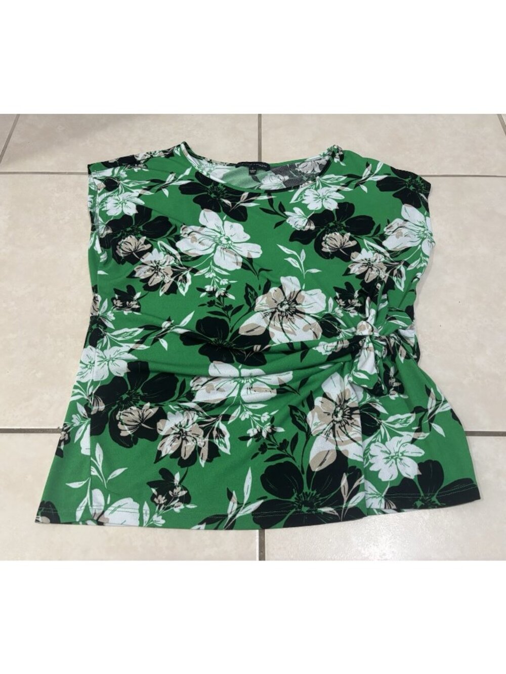Adrienne Vittadini Green Black White Floral Side Tie Blouse Size Large L